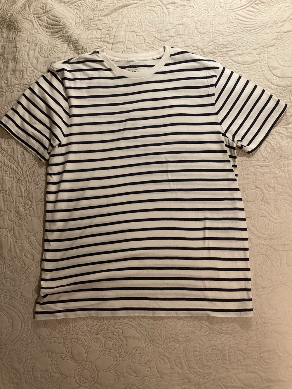 J. Crew Factory Men’s Cream and Navy Striped Crewneck Sweater